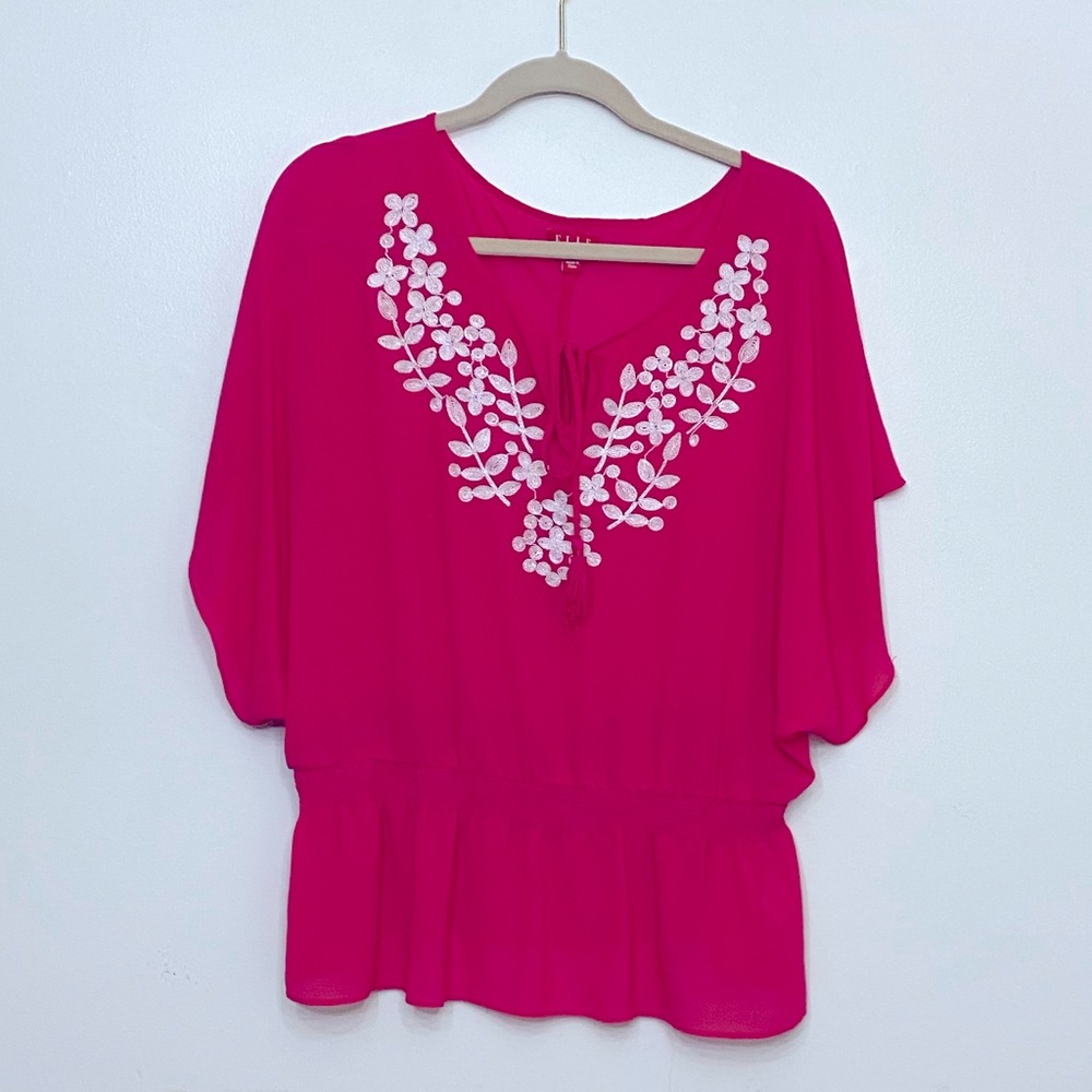 Elle | Size XL | Flowy Pink Embroidered Boho Peasant Top